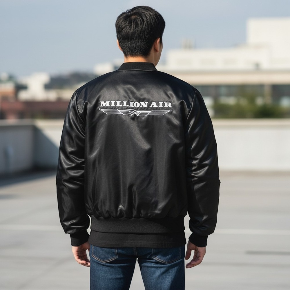 Million Air Satin Bomber Jacket Vintage 1993 Holloway Men XL Black Aviation Zip